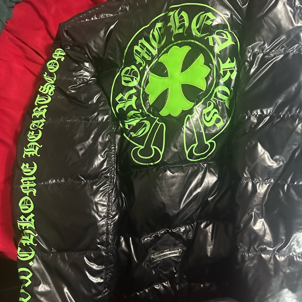 Chrome Hearts large Black Puffer Bomber Jacket with Neon Green logo and writing